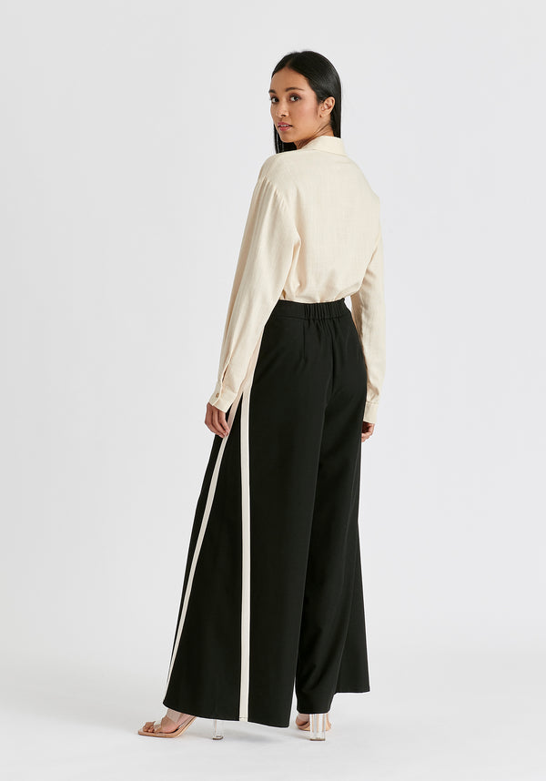 Contrast Trim Wide Leg Trousers in Black and Beige Back